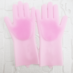 1 Pair Dishwashing Cleaning Gloves Magic Silicone Rubber Dish Washing Glove For Household Scrubber Kitchen Clean Tool Scrub (Color: pink, size: 1 Pair)
